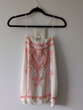 Blu Pepper Cream Tank with Coral Embroidered Detail